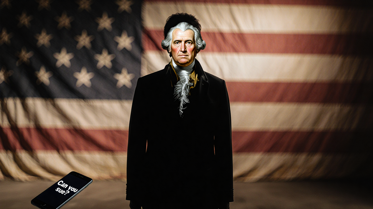 Person standing alone with blurred flag backdrop and face swap overlay in golden light behind smartphone showing Can you sue?