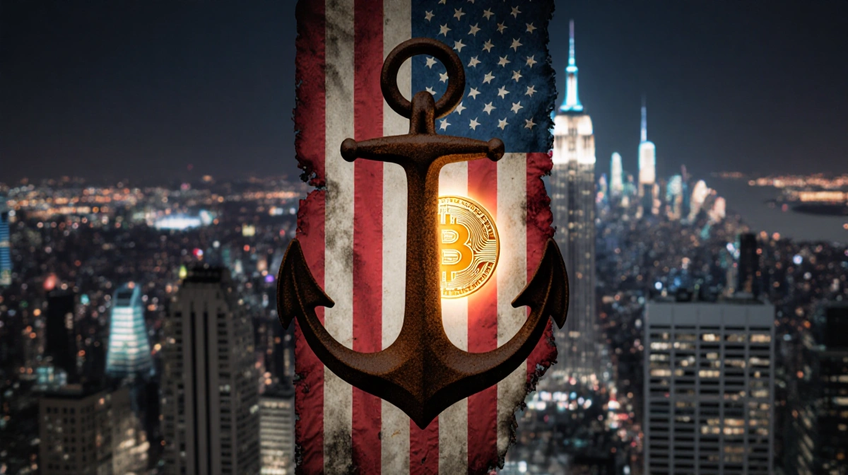 Faded American flag draped over rusty anchor with Bitcoin glow beneath and city skyline behind