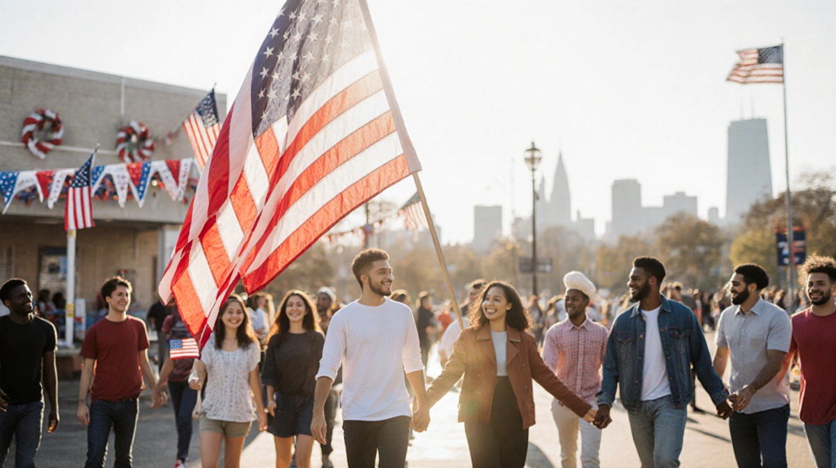 American flag waving in front of community center with diverse young volunteers holding hands and smiling in sunlit patriotic