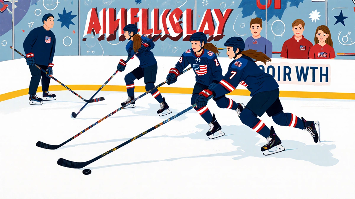 American women hockey players skating with sticks outstretched and teamwork, coaching staff nearby and graphics behind them.
