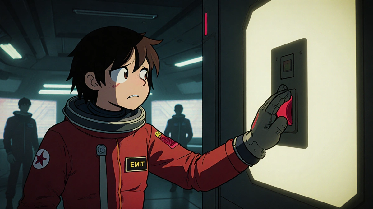 Red crewmate reaching for emergency button with terrified expression and other crewmates watching