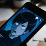 Smartphone shows Among Us character with suspicious expression and blue glow near cluttered desk