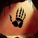 Ancient hand stencil with claw-like fingers glows in red cave with golden light and deep shadows
