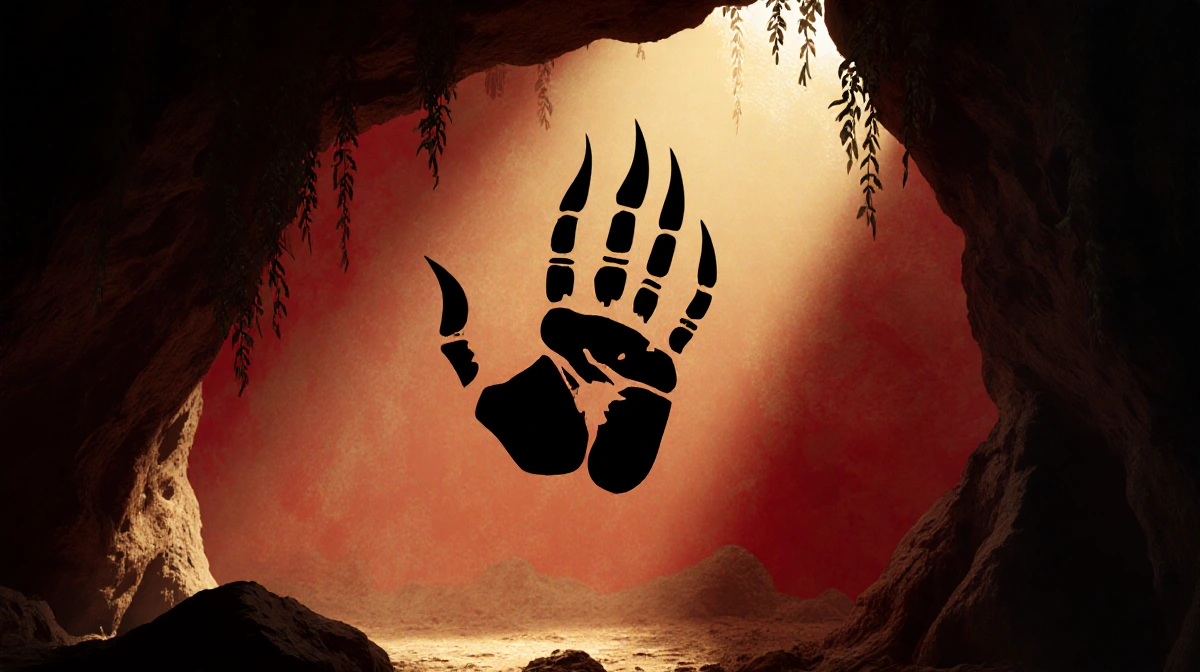 Ancient hand stencil with claw-like fingers glows in red cave with golden light and deep shadows