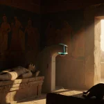 Ancient temple interior shows worn sarcophagus beside modern medical scanner with golden light and symbolic murals