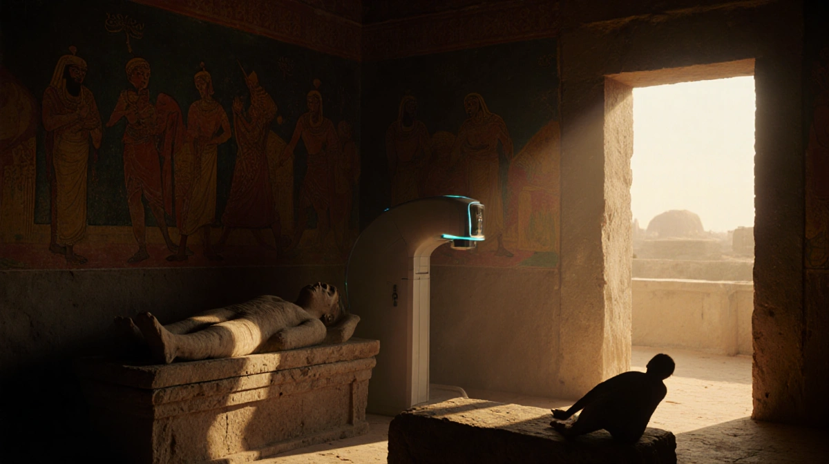 Ancient temple interior shows worn sarcophagus beside modern medical scanner with golden light and symbolic murals