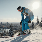 Norwegian skier Anders Fannemel landing awkwardly with fabric caught in ski bindings under harsh sunlight on Holmenkollen hil