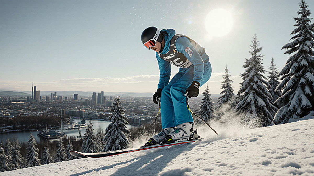 Norwegian skier Anders Fannemel landing awkwardly with fabric caught in ski bindings under harsh sunlight on Holmenkollen hil