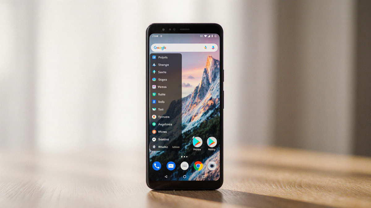 Android 17 smartphone glows with translucent menus and dynamic color blur on a minimalist wooden desk