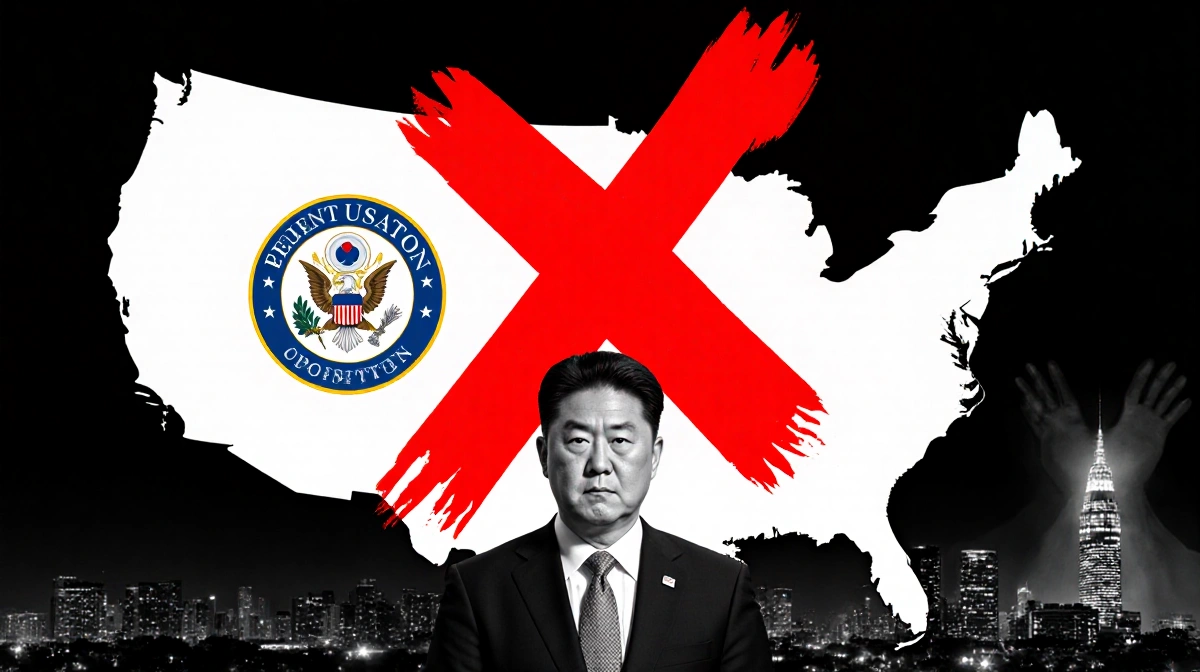 Sen. Andy Kim standing in front of a red X on map a hand covers seal with shadow over cityscape.