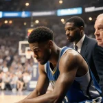 Anthony Edwards sits on the Timberwolves bench with a dejected expression and a stern coach behind him during timeout