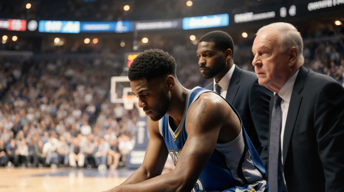 Anthony Edwards sits on the Timberwolves bench with a dejected expression and a stern coach behind him during timeout