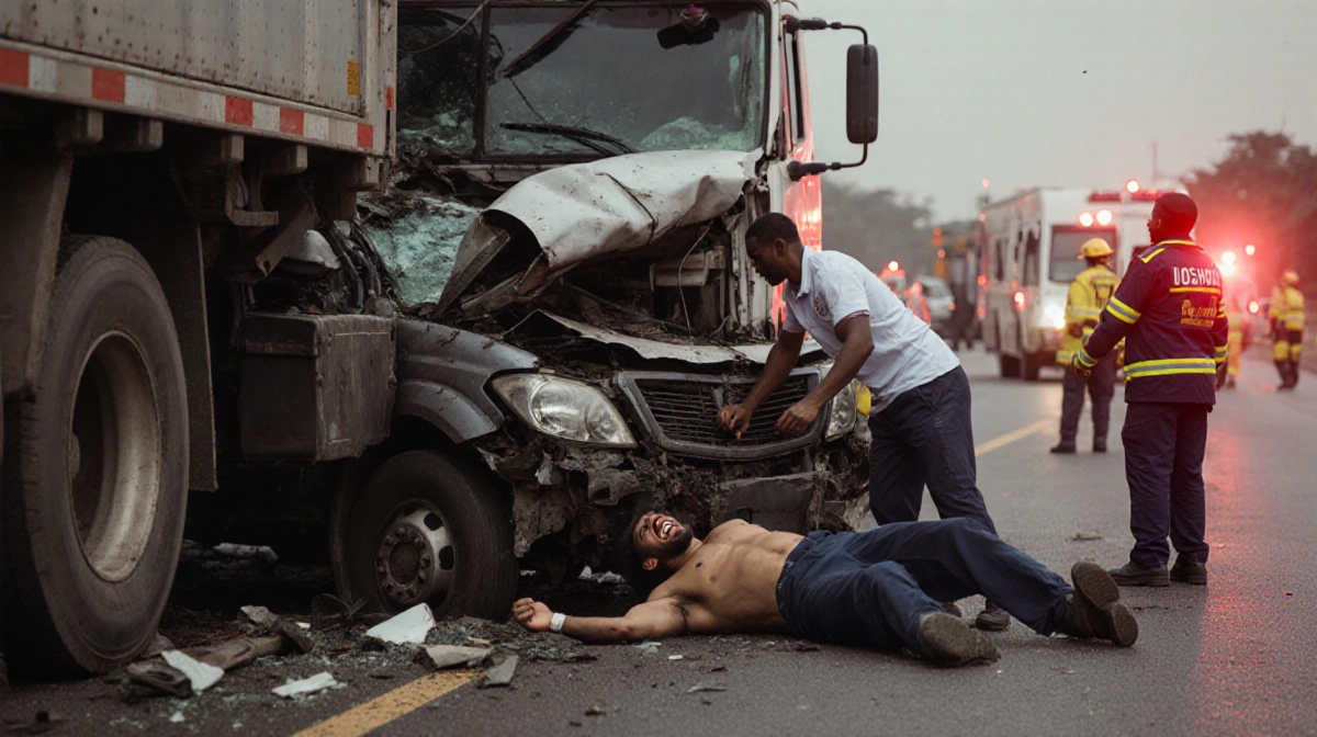 Anthony Joshua's car crashes into stationary truck with twisted metal and debris, showing him in pain while responders nearby