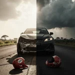 Damaged car resting with helmet and boxing gloves on cracked asphalt beside tranquil Nigerian fields