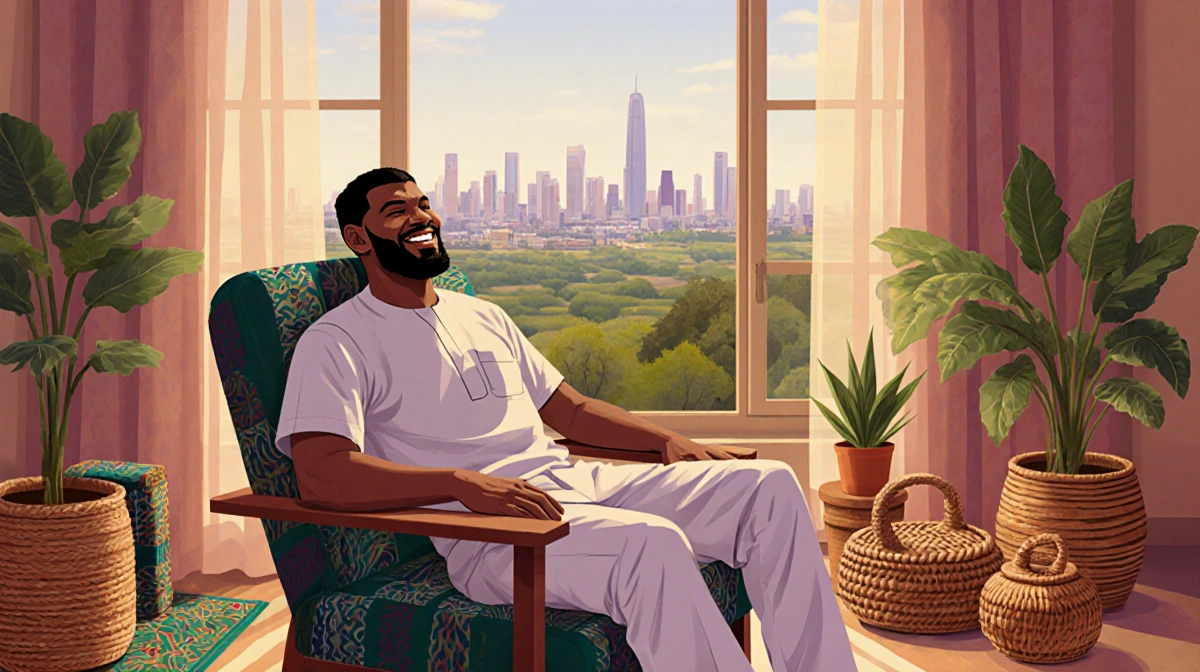 Anthony Joshua sitting comfortably on couch with vibrant Nigerian textiles and potted plant near window