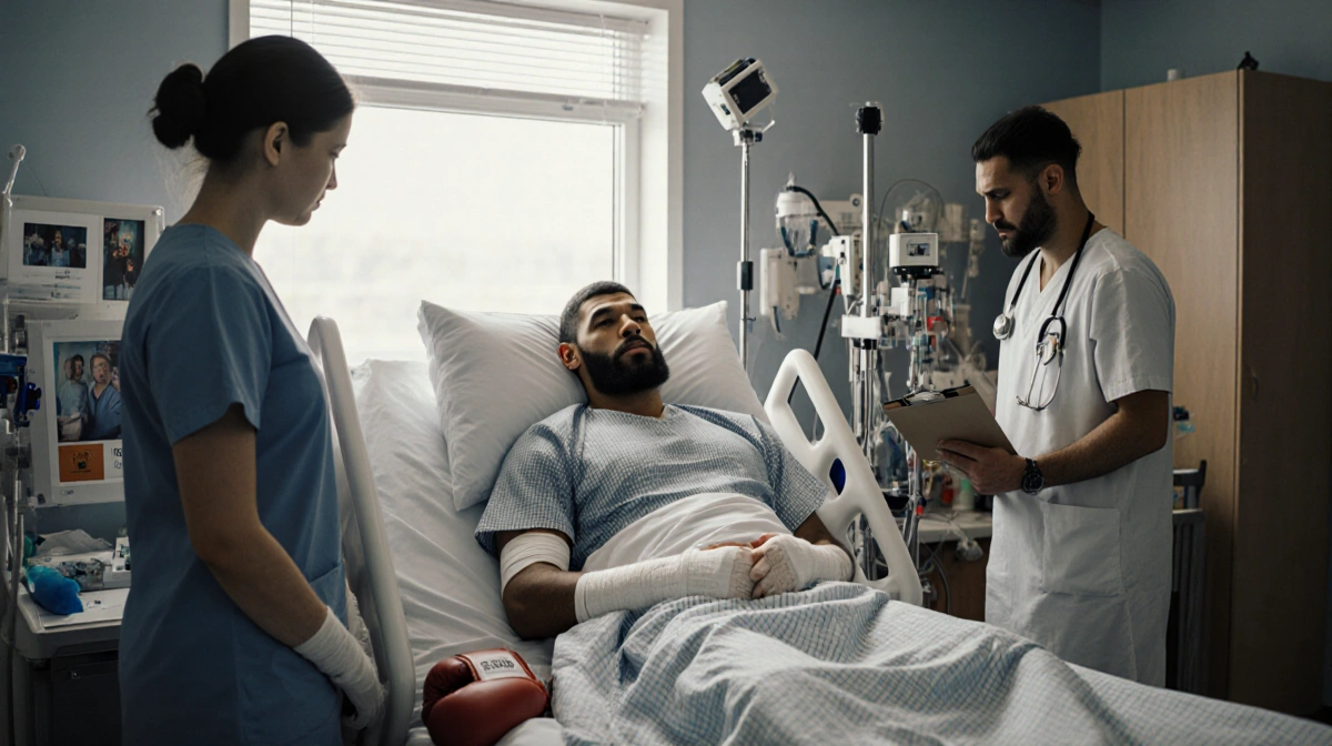 Anthony Joshua lying in hospital bed with medical equipment and a boxing glove nearby