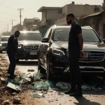 Anthony Joshua looks worried with handcuffs beside his crashed luxury vehicle on a Nigerian street with debris scattered