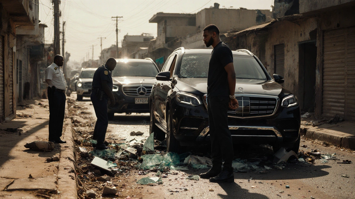 Anthony Joshua looks worried with handcuffs beside his crashed luxury vehicle on a Nigerian street with debris scattered