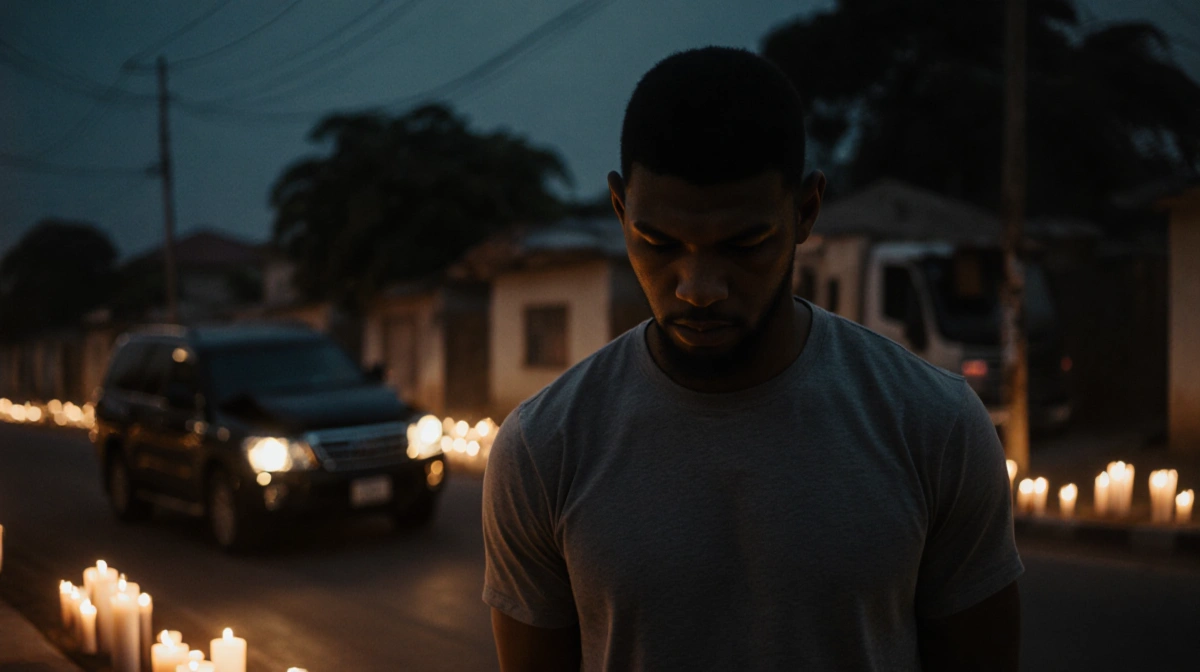 Anthony Joshua standing with shoulders slumped in grief with flickering candles behind him and a crashed SUV in background