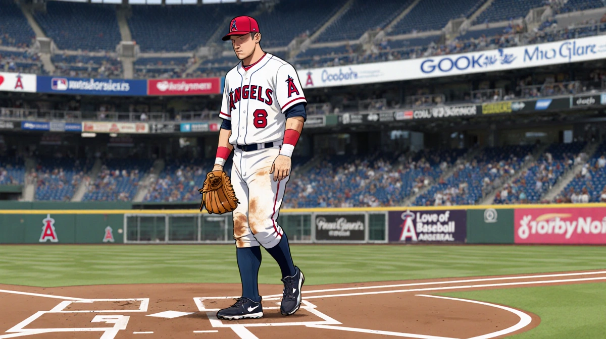 Anthony Rendon standing alone on a baseball diamond with third baseman gear and a slumped glove Angel stadium and limp stride