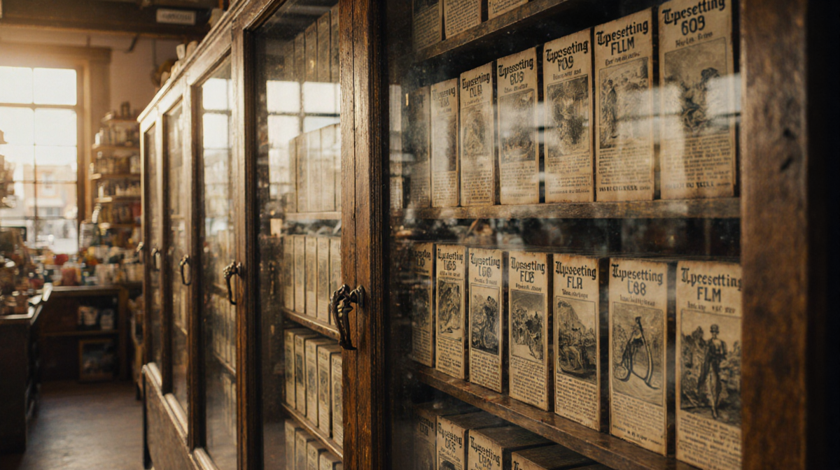 Wooden display cases hold 60,000 illustrated paper blocks with golden light and nostalgic atmosphere.