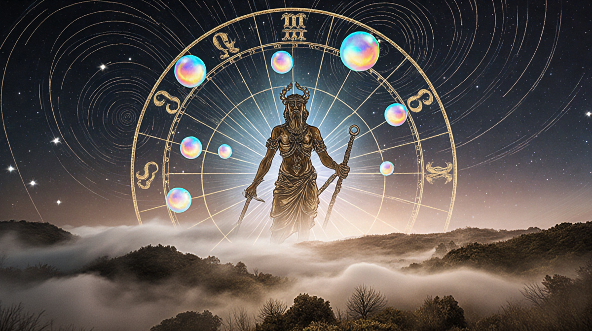 Aquarius water bearer hovering over ancient map with swirling mist and glowing orbs in golden light