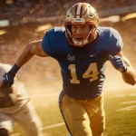 Arch Manning dashes across the football field with arms extended and a face with stadium lights illuminating his movement.