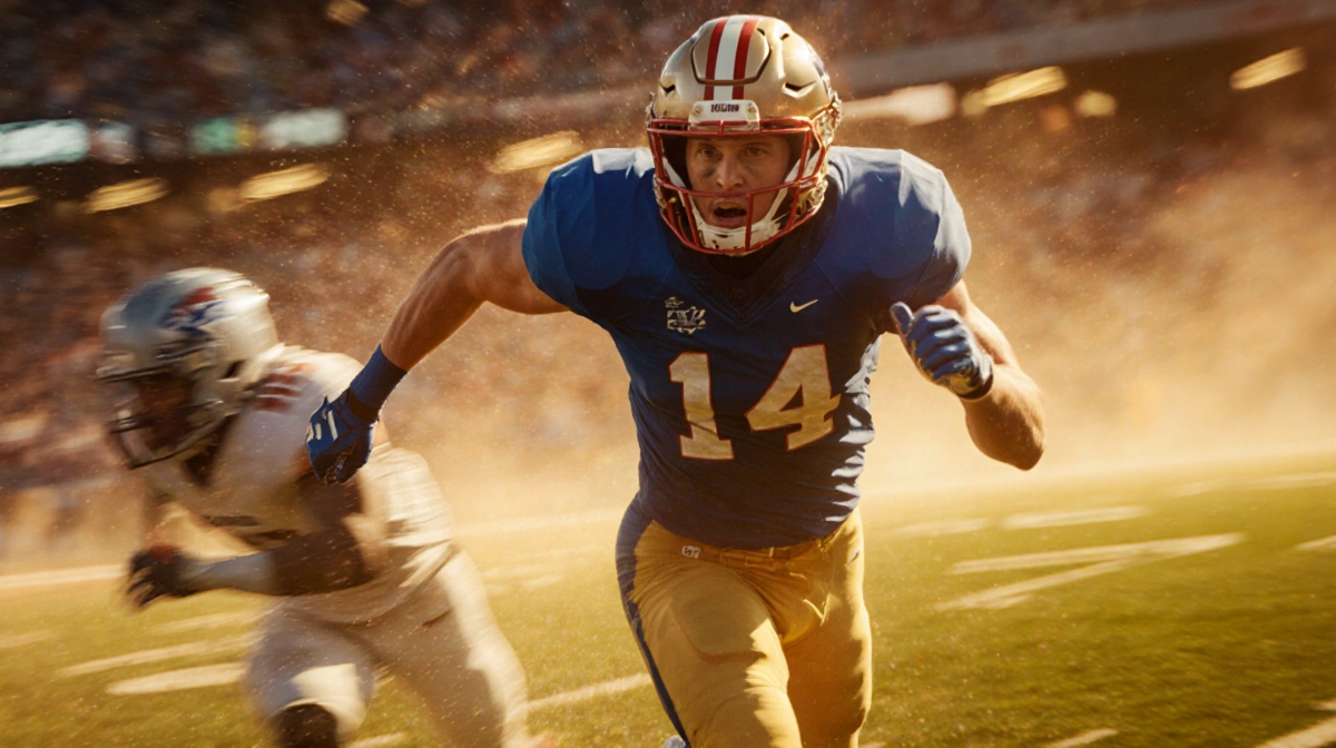 Arch Manning dashes across the football field with arms extended and a face with stadium lights illuminating his movement.