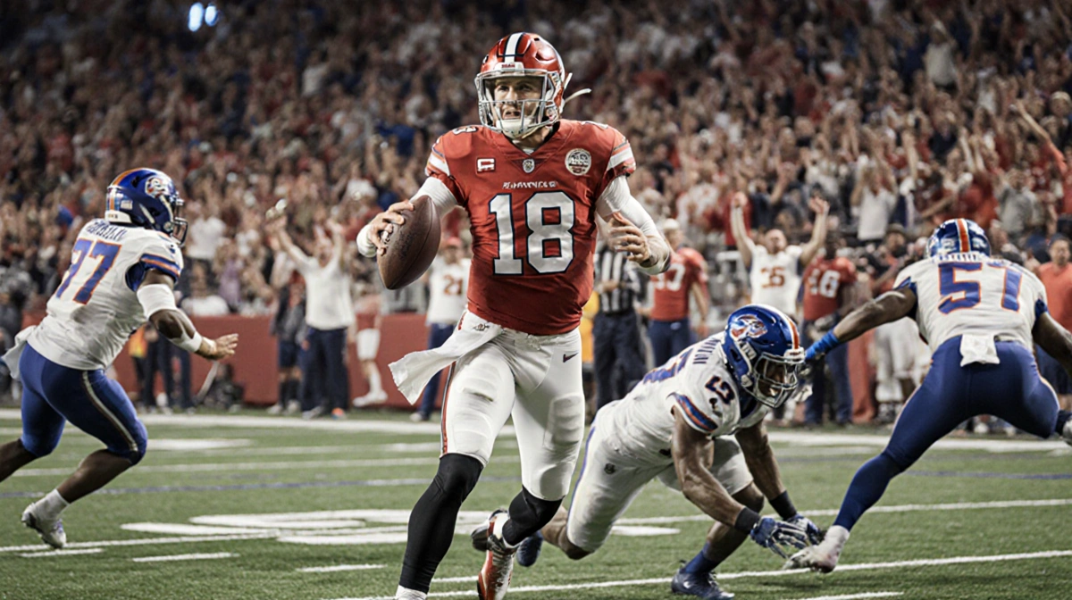 Arch Manning throws football with teammates cheering nearby and a blurred 105-yard run path in the background.