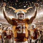 Arch Manning raising arms high celebrating with teammates and confetti-filled Texas Longhorns stadium backdrop