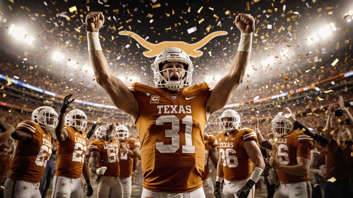 Arch Manning raising arms high celebrating with teammates and confetti-filled Texas Longhorns stadium backdrop