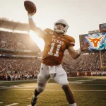 Arch Manning throws a football pass with face amid stadium crowds and Texas Longhorns branding