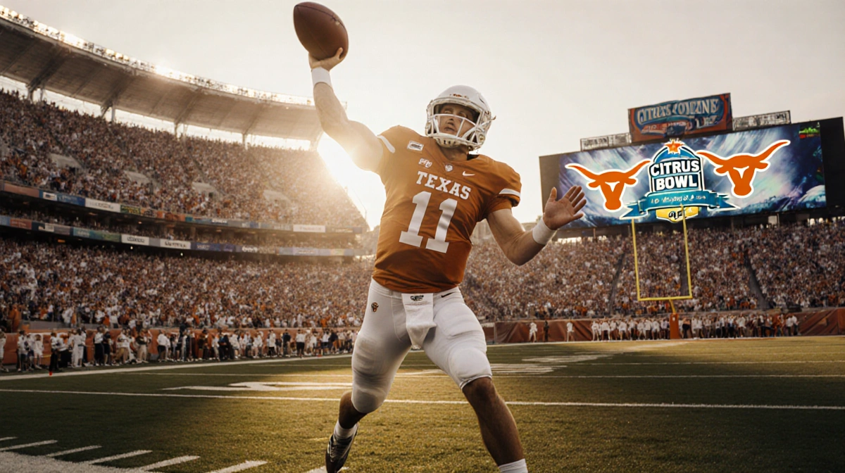 Arch Manning throws a football pass with face amid stadium crowds and Texas Longhorns branding