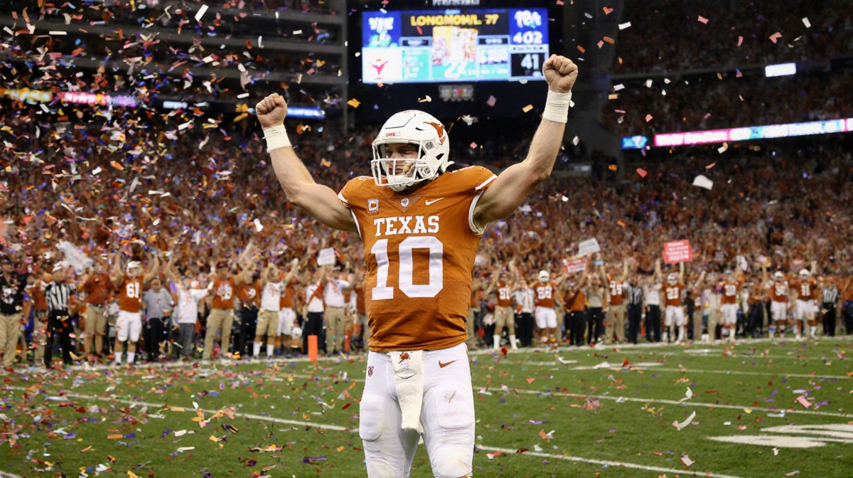 Arch Manning raises arms in victory with confetti swirling and Texas Longhorns scoreboard showing 41-27