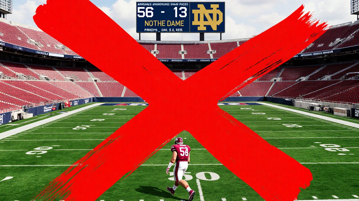 Arkansas football player walking away from stadium with massive red X and 56-13 score board