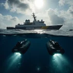 Search vessel Armada 86 05 sails toward blue horizon with twin AUVs descending below waves and sunlight breaking clouds.