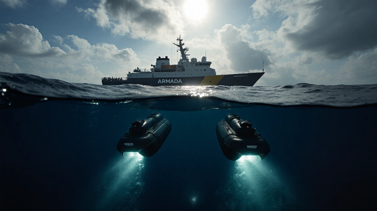 Search vessel Armada 86 05 sails toward blue horizon with twin AUVs descending below waves and sunlight breaking clouds.