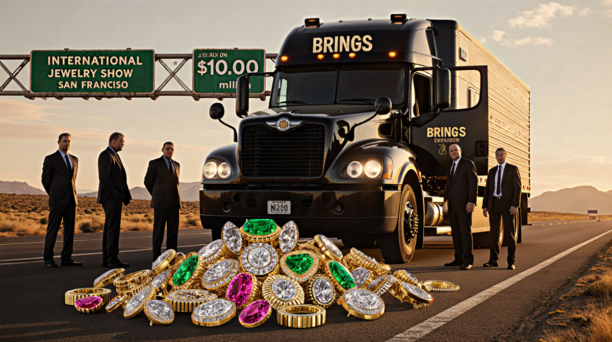 Brinks armored truck stops at rural rest stop with door ajar showing glittering stolen jewelry and highway behind