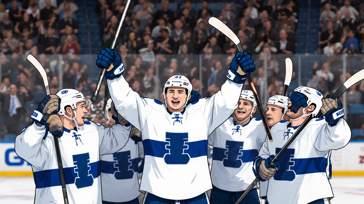 Aron Kiviharju holding up team's sticks and gloves with triumphant teammates and tearful joy in blurred hockey arena OT win.