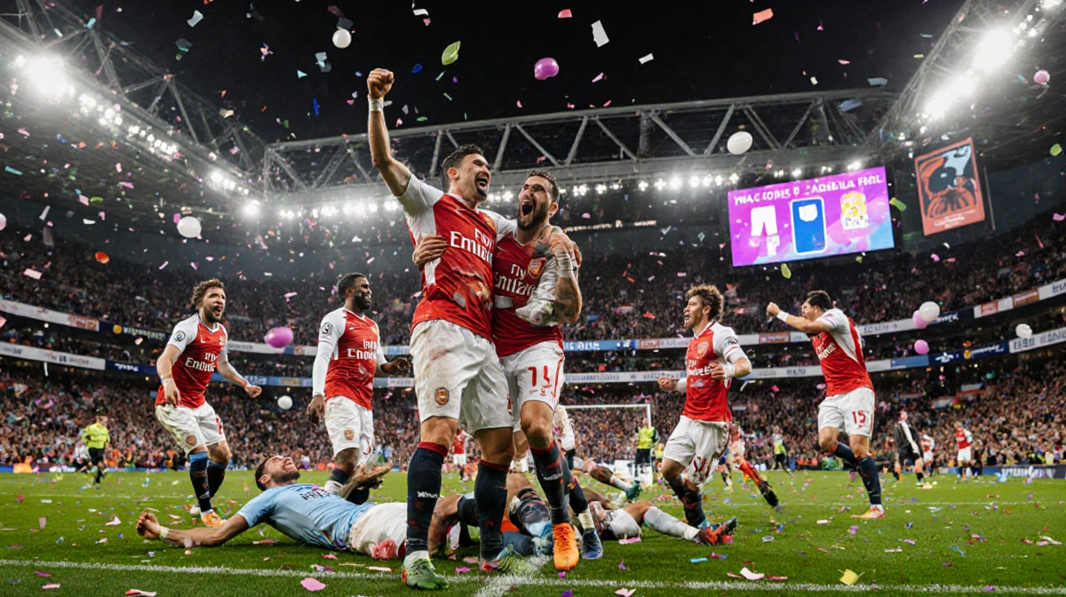 Arsenal players lifting each other with stadium lights reflecting on wet grass and confetti celebrating a 4‑1 victory.