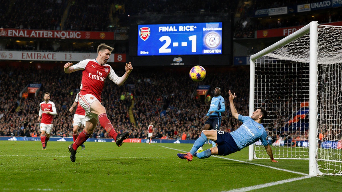 Arsenal's Martin Odegaard celebrates victory by kicking the ball with the goalpost and ball flying in the foreground while Da