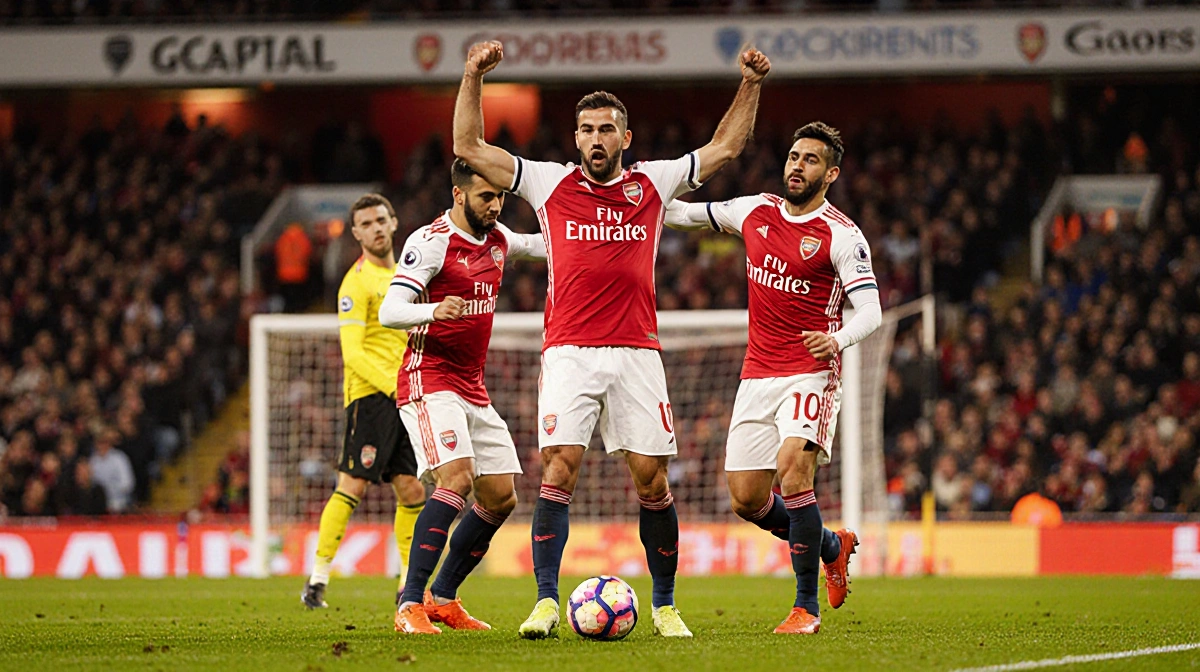 Arsenal trio celebrates goal with ball at center and Jesus triumphs behind them while Villa goalkeeper looks dejected