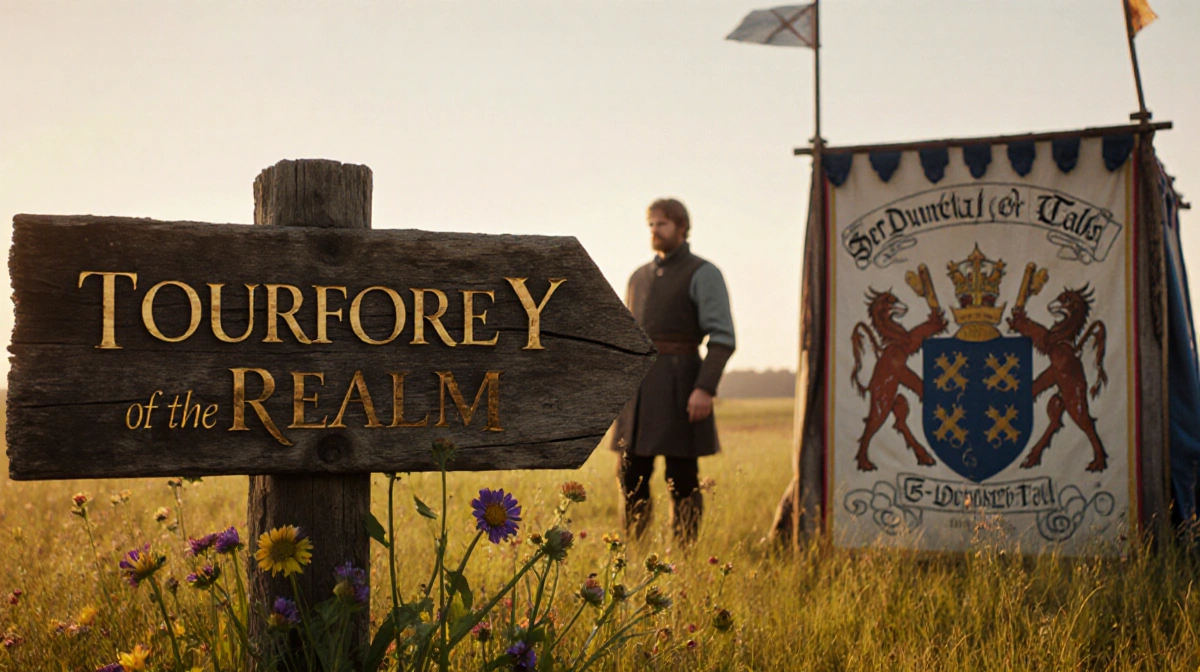 Steward stands beside heraldic stall with Dunk watching from meadow edge and wooden tourney sign showing wildflowers
