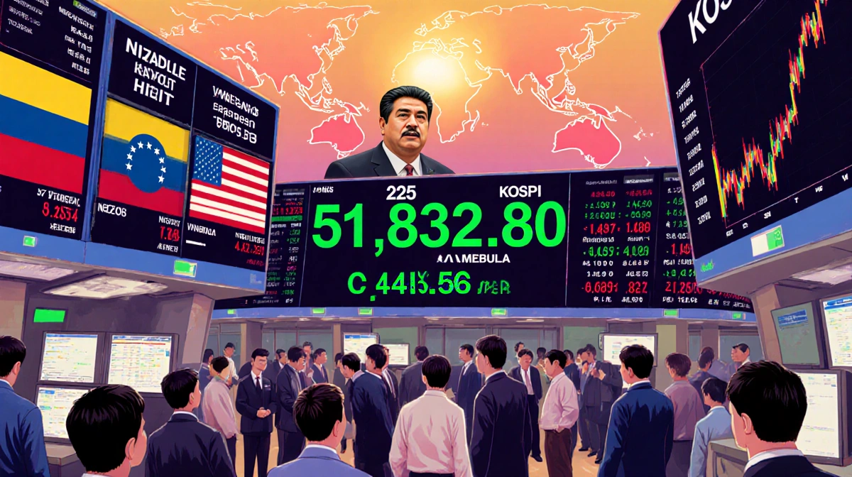 Traders standing around large screens with the Nikkei 225 ticker bright at dawn and outlines of Venezuela and Maduro