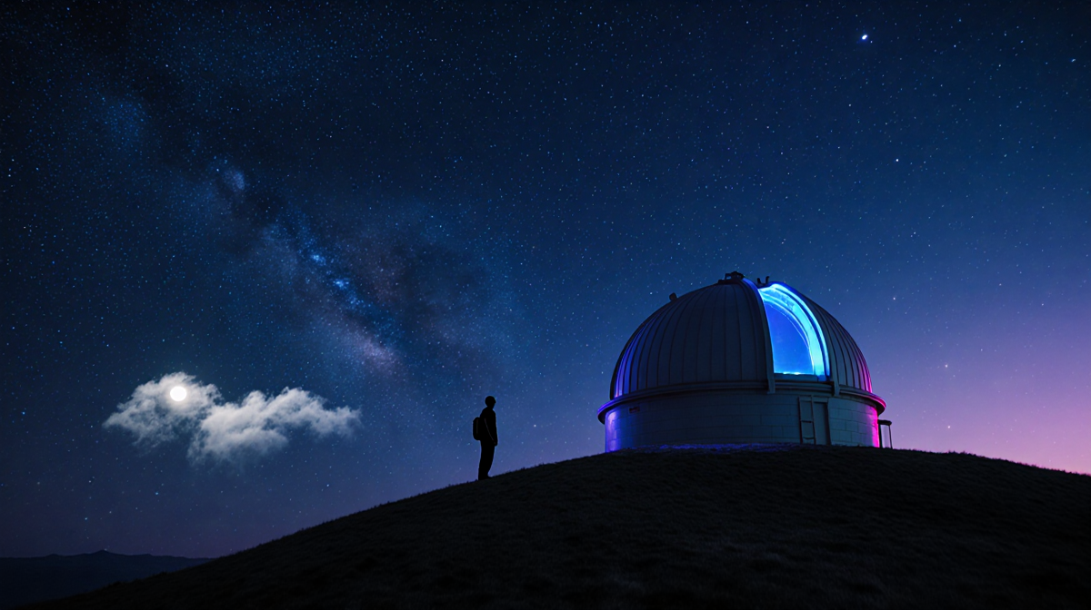 Astronomer standing on hilltop watching illuminated telescope dome with blue and purple glow against starry night sky