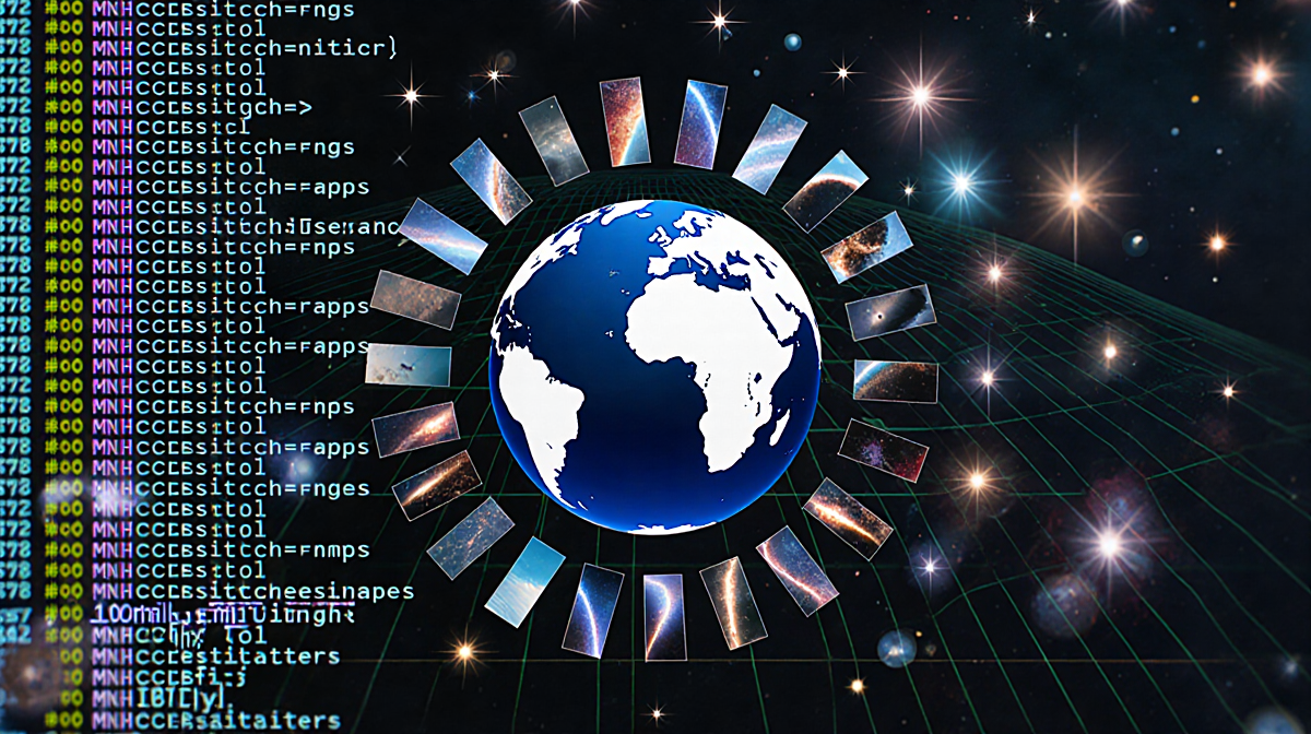 Computer screen showing astronomical data tree with rotating globe and star bursts