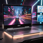 Asus Zenbook Duo showing fast‑paced video game with neon glow and subtle Intel and XeSS tech elements