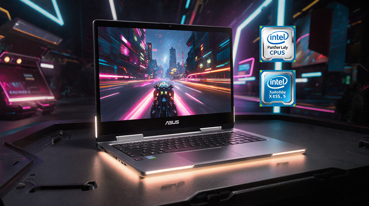 Asus Zenbook Duo showing fast‑paced video game with neon glow and subtle Intel and XeSS tech elements