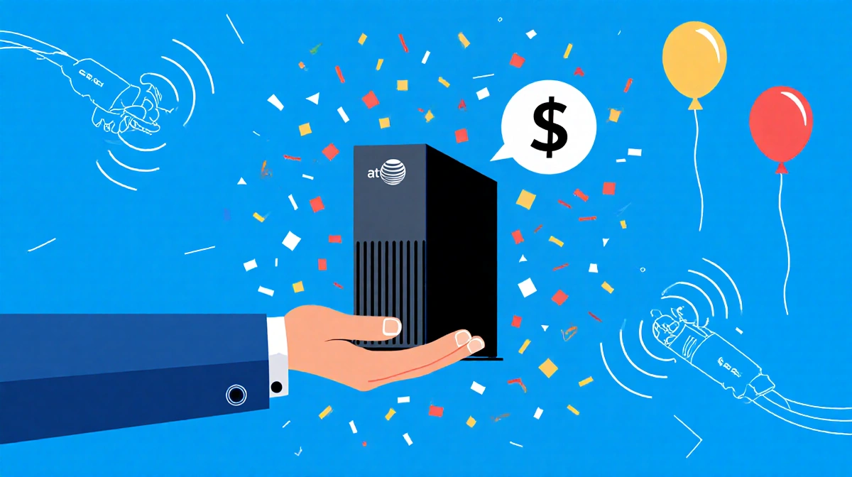 Person holding AT&T Fiber modem with blue background and confetti dollar sign hinting at savings