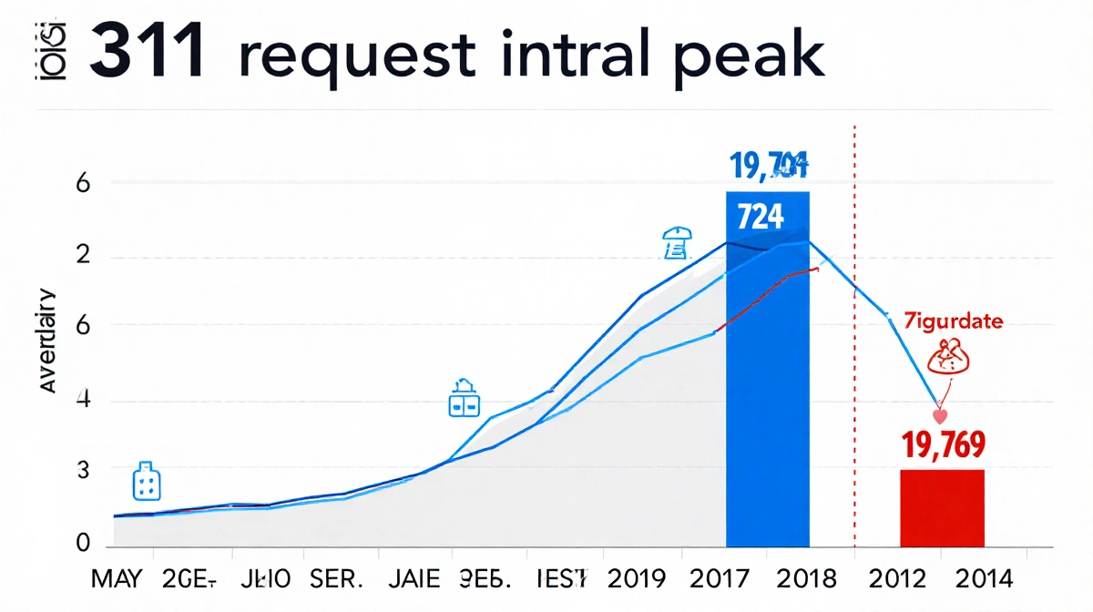 Bar chart showing Austin 311 requests with May peak over 30,000 in red and December lowest 19,769 in blue